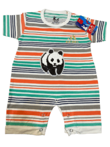 This soft-looking baby romper features a black and white panda design.