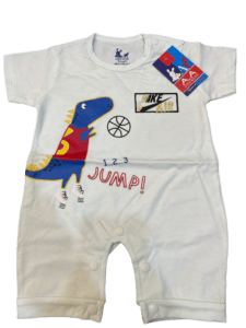 baby, clothes, clothing, romper, jumpsuit, dinosaur, graphic, white, colorful, unisex, summer, playful, cute, adorable